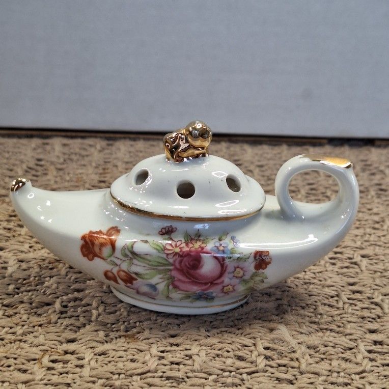 Aladdin's Lamp Incense Burner, Pink Rose & Gold Trim - Vintage Ceramic Porcelain