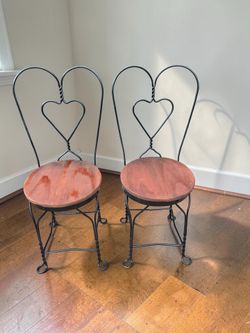 Pair of Black Metal Ice Cream Parlor Chair Heart Back Wood  Seat