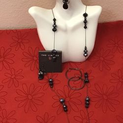 NWT The Limited Black Crystal Earrings, Long Black Crystal with Black Chain Necklace & Dark Silver Pin Catch Hoop Earrings. Lot