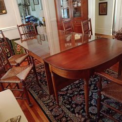 Leopold Stickley Dining Table Double Drop Leaf with 2 Convertible End To Side Tables & (6) Stickley Cane Rush Spindle Back Chairs