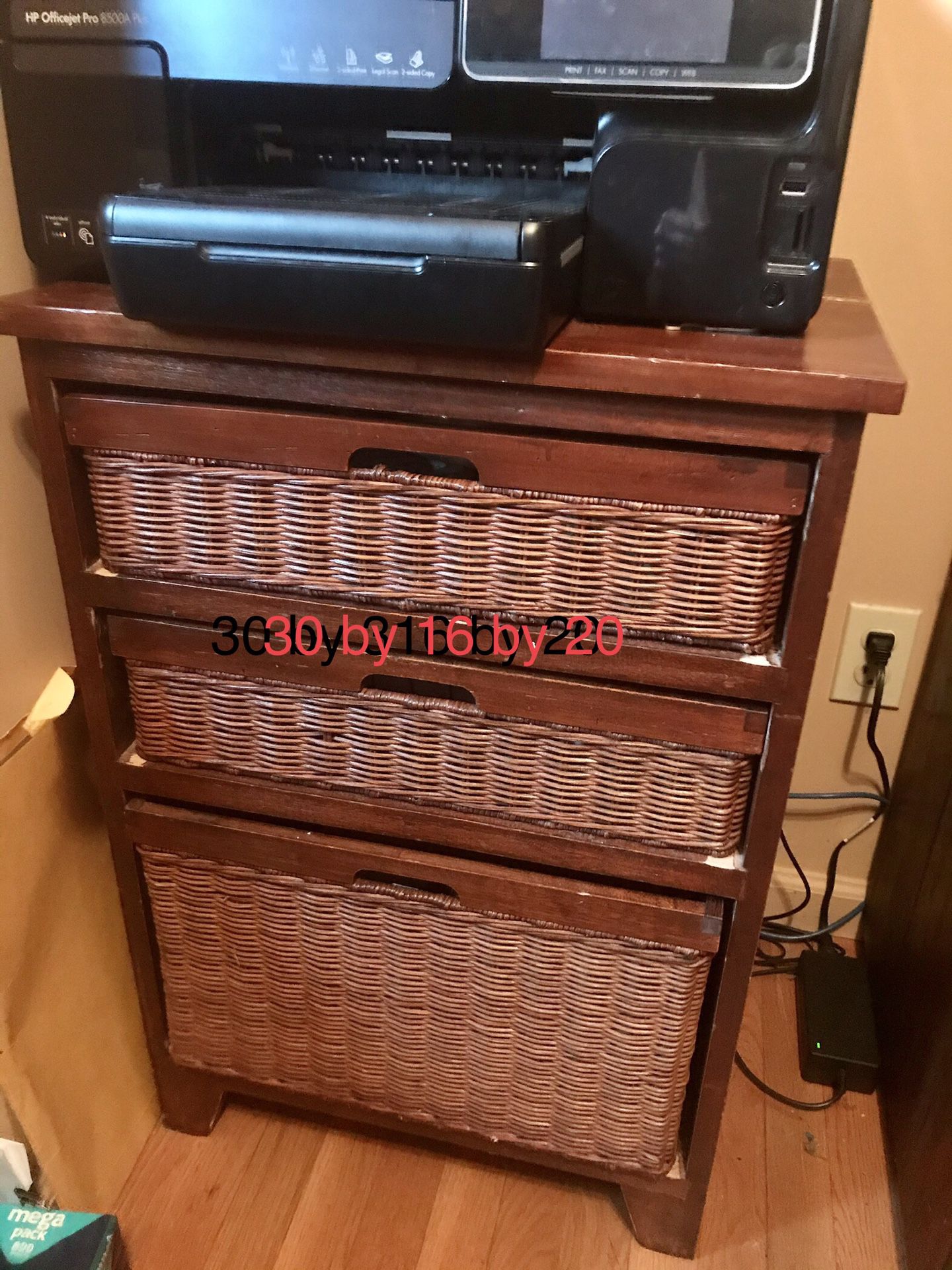 Wicker and wood 3 drawer cabinet with organized files