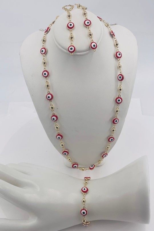 Red Eye Turkish Set Chain Bracelet Earrings Gold-plated