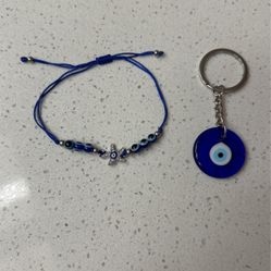 LUCKBOOSTIUM Magic Blue Evil Eye Keychain Ring for Protection and Blessing, Round Charm for Harmony and Balance, Great Gift, Silver, And Bracelet 