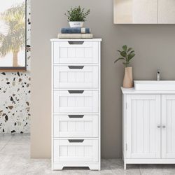 Modern Bathroom Cabinet, Free Standing Storage Cabinet with 5 Drawers Organizer Unit for Living Room Bedroom, White