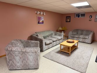 3-Piece Gray/Pink Fabric Sofa Set + tables