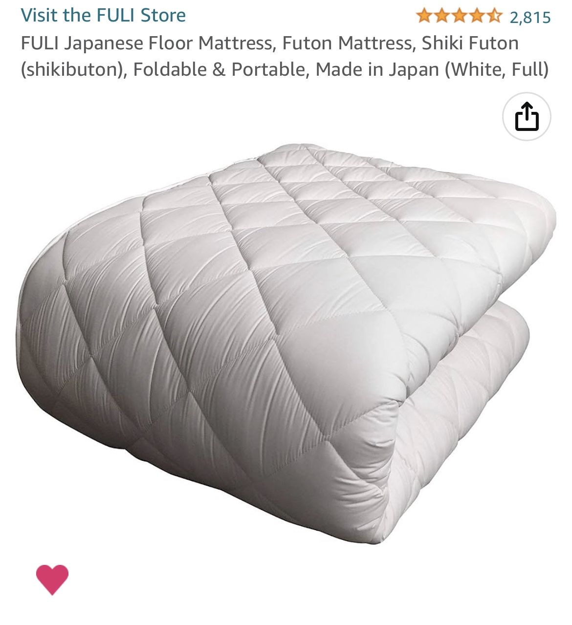 FULI Japanese Floor Mattress, Futon Mattress, Foldable & Portable, Made in Japan (White, Full)