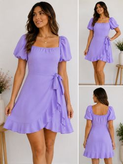 Women’s Lavender Wrap Mini Dress Size M Puff Sleeve Ruffle Hem Summer Party Dress