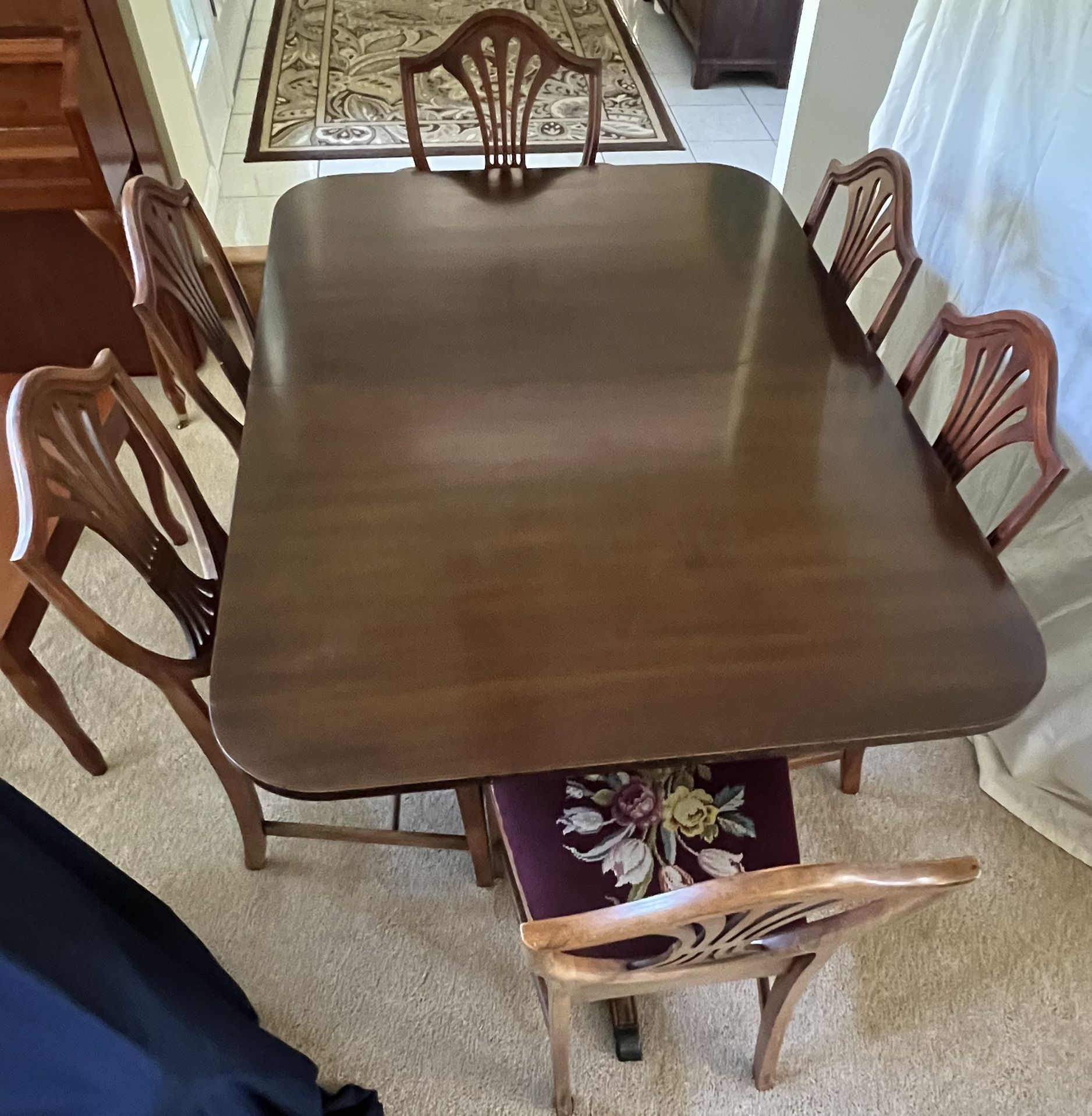 Vintage Duncan Phyfe Style Mahogany Dining Table & 6 Needlepoint Chairs