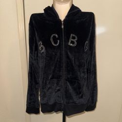 Women’s Y2K Vintage BCBG Maxazria Black Velour Bling Rhinestone Logo Jacket