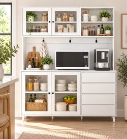 White Kitchen Pantry Cabinet with Glass Doors