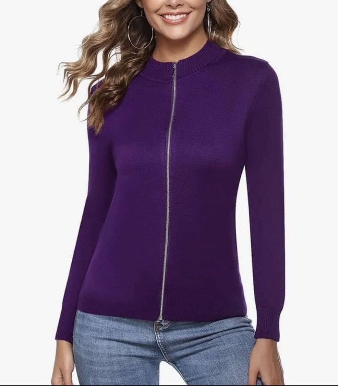 Purple Long Sleeve Knitted Zip Up Sweater Cardigan small. (T)
