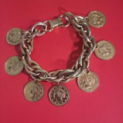Vintage Gold Tone 7 Inch Link Bracelet With Roman Coin Charms