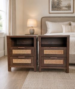 Set of 2 rattan brown nightstands with open shelf and drawers