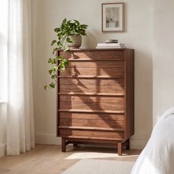 Walnut Wood 5 Drawer Tall Dresser
