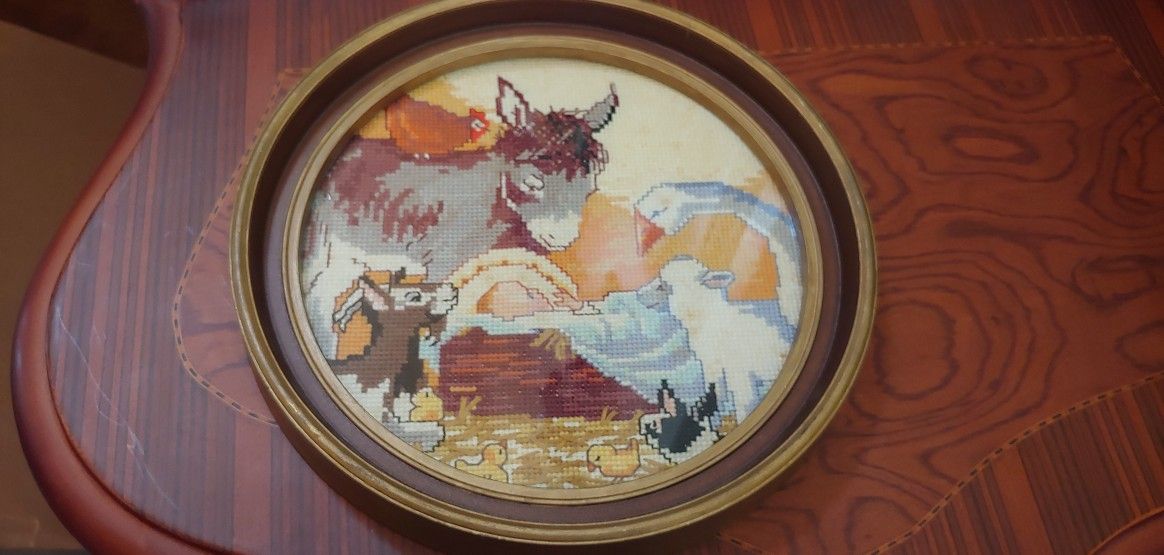 FRAMED GENTLE ADORATION Christmas Baby Jesus Cross Stitch Art