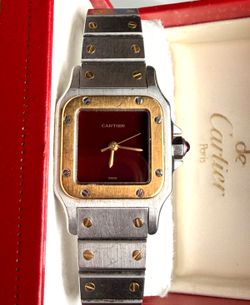 Cartier Santos Automatic Burgundy Dial Watch Two Tone Gold and Stainless Steel