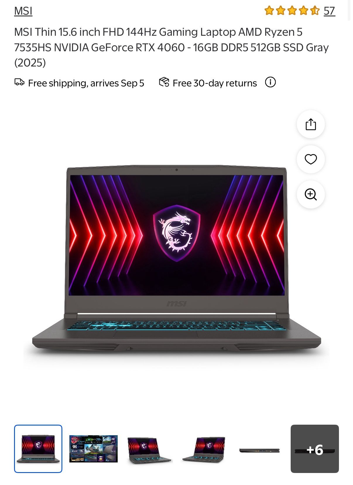 MSI Thin 15.6 inch FHD 144Hz Gaming Laptop AMD Ryzen 5 7535HS NVIDIA GeForce RTX 4060 - 16GB DDR5 51