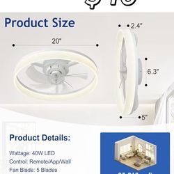 😀 DLLT Modern Ceiling Fans with Lights: 20" Flush Mount Low Profile Ceiling Fan with APP Remote Control - White LED Bladeless Fandelier Dimmable Quie