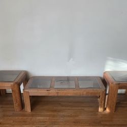Glass Top Wooden Coffee Table With Matching End Tables 
