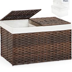 Storage Basket with Lid Rattan Storage Basket with 2 Separate Lid, 27.8 Gallon (