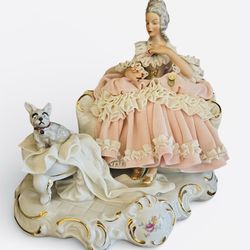 Sitzendorf Dresden Lace Porcelain Figurine Rococo Lady Dog West Germany c1950s