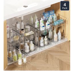 Vtopmart 4 Pack 2 Tier Bathroom Under Sink Organizers and Storage, Clear Kitchen Pantry Organization, Pull Out Medicine Cabinet Organizer with (4)