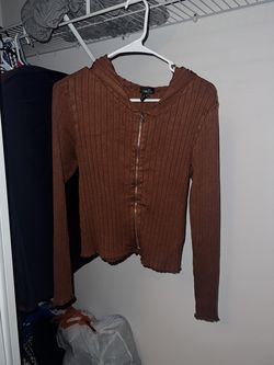 Brown Ribbed Zip-Up Long Sleeve Top with tank top– Size XL