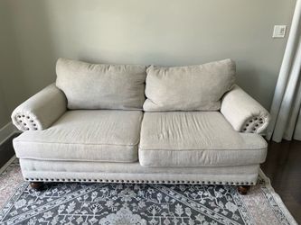 Farmhouse Beige Linen-like Loveseat with Rolled Arm and Nailhead Trim, Couch for Living Room