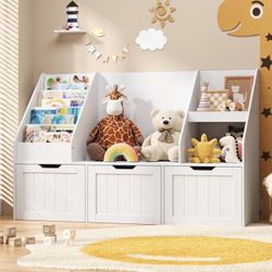 Brand New In The Box - Gizoon Kids Bookshelf with Reading Nook, Kids Toy Storage Organizer with 3 Movable Drawers, Kids Reading Nook with Bench for Ki