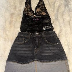Black denim mini skirt with grey underlay and shirt #miniskirt   black denim, mini skirt, grey underlay, distressed, high-waisted, streetwear, grunge,