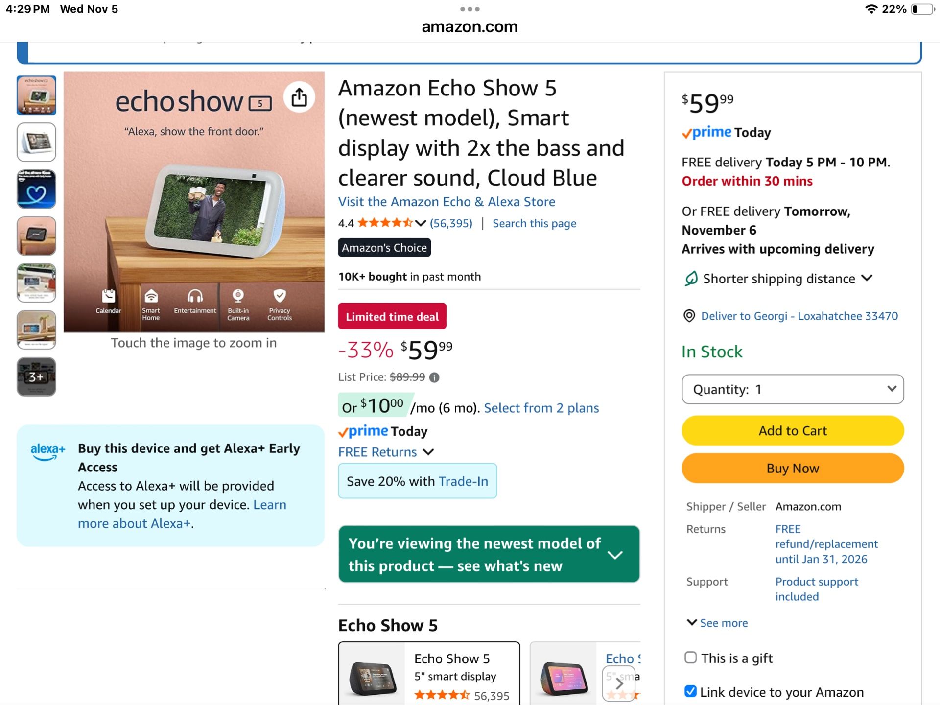 Amazon Echo Show 5 (newest model), Smart display with 2x the bass and clearer sound, Cloud Blue