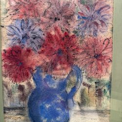 Colorful Flowers In A Blue Vase Possibly Charcoal Wall Art Signed