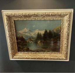 Mountain Lake with Snow Capped Mountains and Dark Pine Tree Forest Print - 28x24”