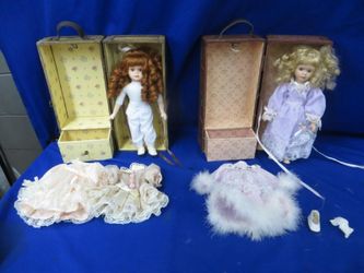 2 12" Vintage Porcelain dolls, Cases & Clothes. 2 outfits each.