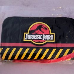 NEW In Bag Bioworld Jurassic Park Logo Women's Phone Wallet Wristlet in black with yellow and red stripes
