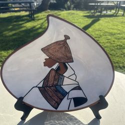 Vintage Studio Pottery Plate Modernist African Figural Art Boho Decor, Signed.