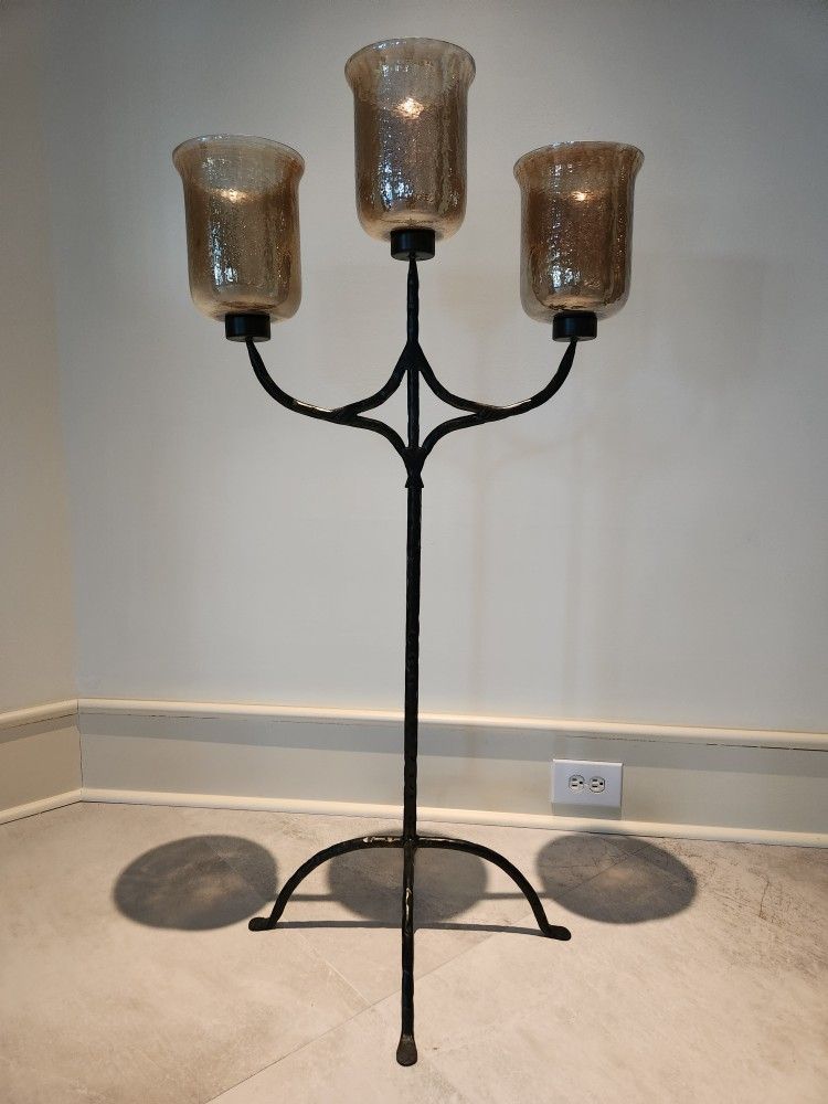 Rustic Iron and Smokey Glass Three Arm Floor Candleabra