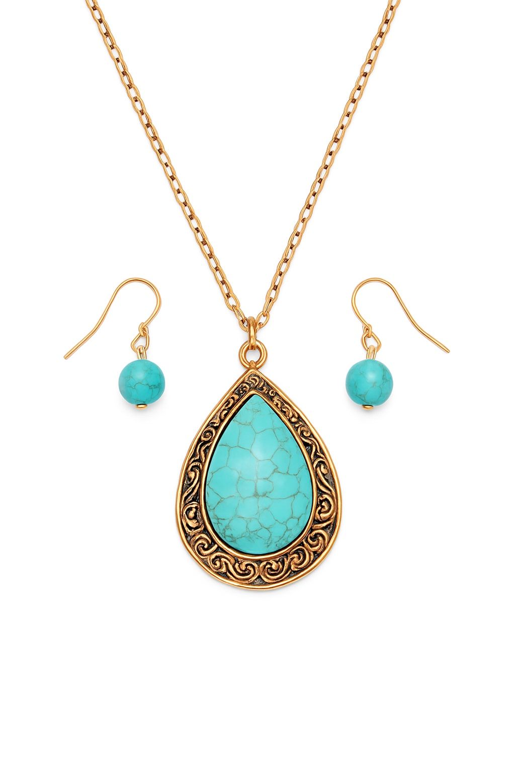Chic Bronze And Turquoise Necklace And Earring Set