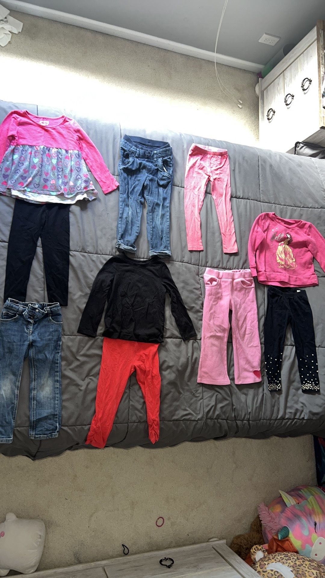 Cat & Jack/jumping beans/crazy 8/children’s place 3T girls clothes. Minor stains on belle shirt. Pink fleece pants are worn with piling & light stains