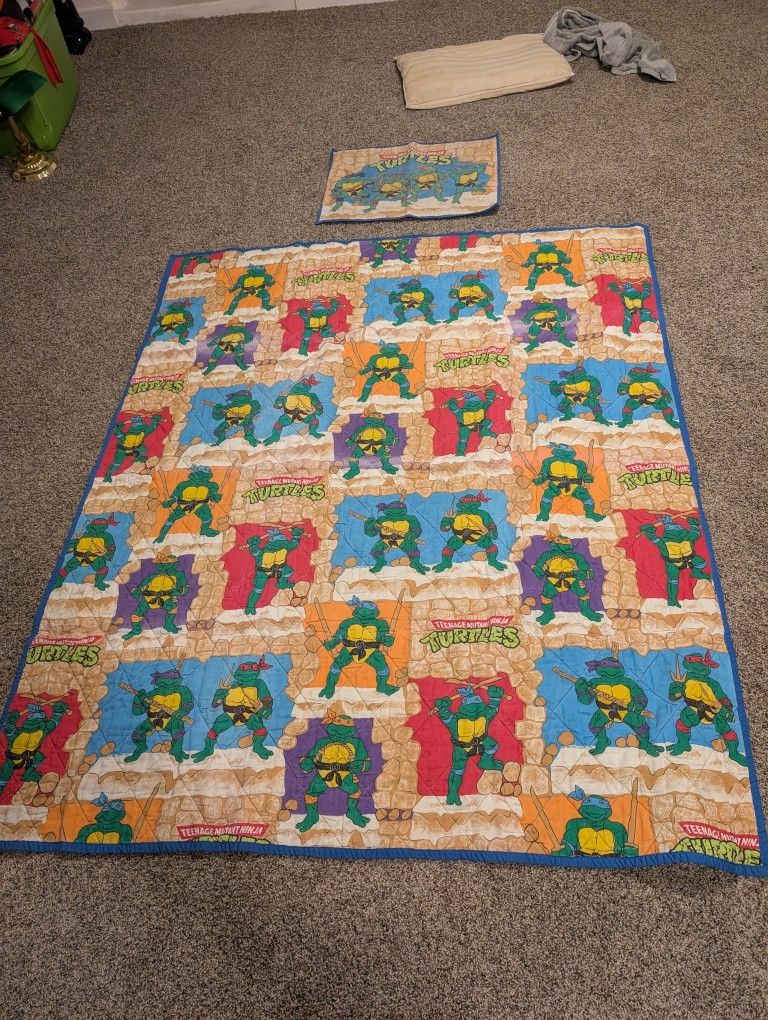 Vintage 90s Ninja Turtle Quilt And Pillow Case