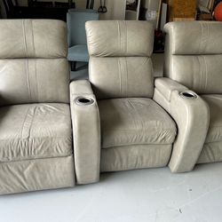 Set of 3 Leather Recliner Theater Seats – Cupholders, Modern