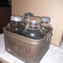 ITS AVAILABLE 4 Half Gallon Ball Mason Jars And Copper Pot