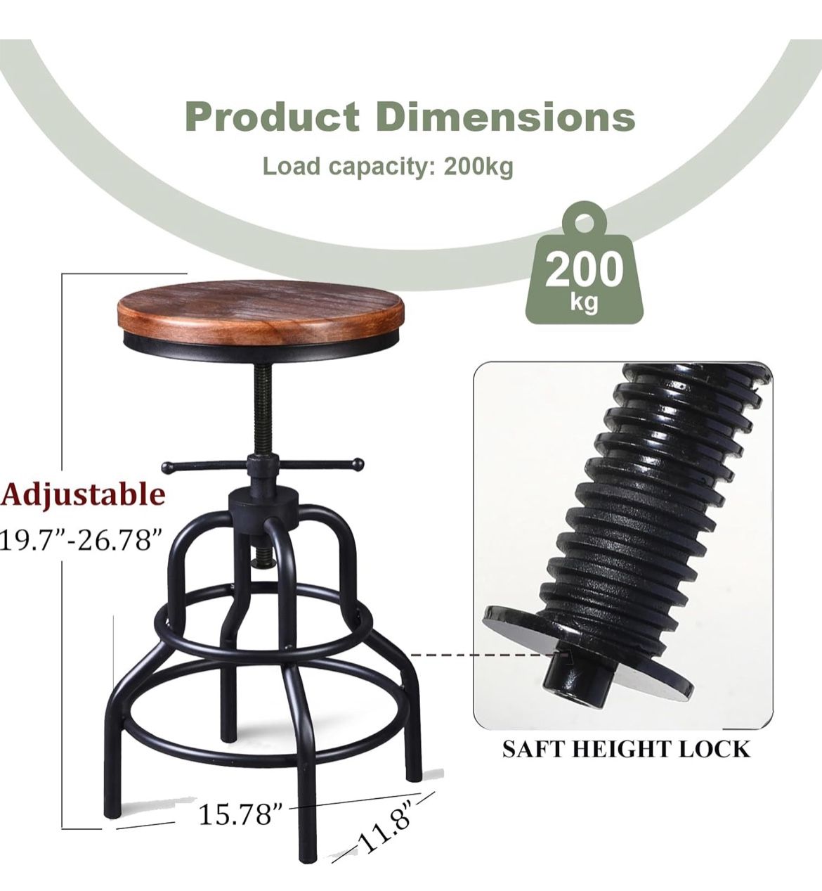 Vintage Industrial Bar Stool Rustic Swivel Barstools Round Wood