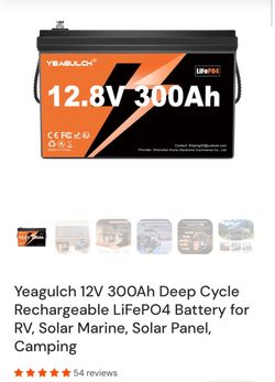Yeagulch 12V 300Ah Deep Cycle Rechargeable LiFePO4 Battery for RV, Solar Marine, Solar Panel, Camping
