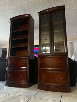 BOMBAY Vintage Solid-Wood Bookshelves With Filing Cabinets & Glass Doors- Good Condition