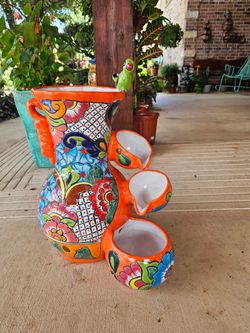Talavera Orange Rim Water Fountain. Clay Pots, Planters,Pottery,Plants.