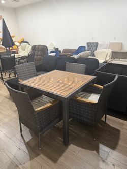 5 PCS Patio Dining Set, Wicker Outdoor Table and Chairs with Soft Cushions, Patio Furniture Set with Wood Table Top for Backyard, Deck and Garden, Bro