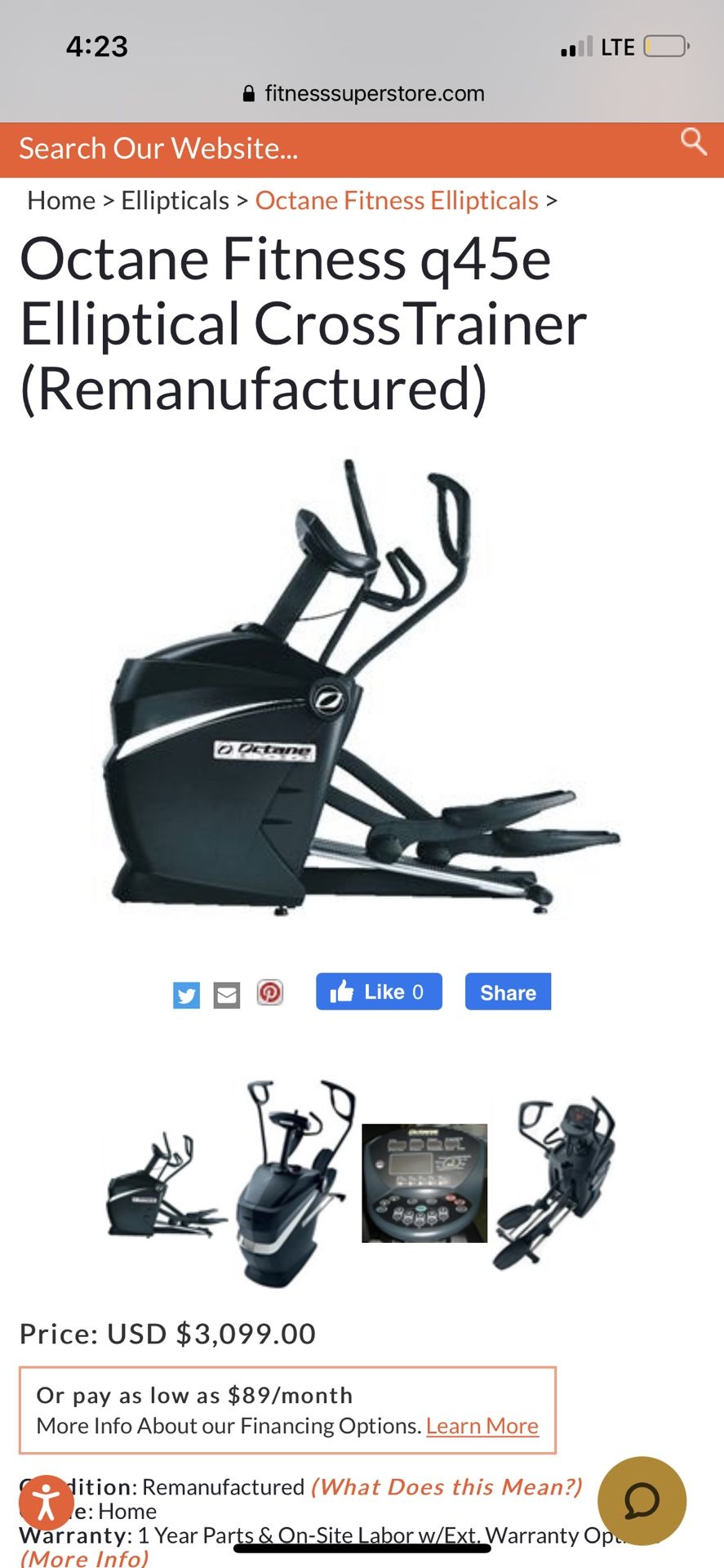 Octane Q45e elliptical Cross trainer , Excellent Cost 3k