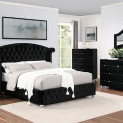 🔥 JUST IN 🔥 Brand New Glam Black  Velvet 6pc King Size Bedroom Set 