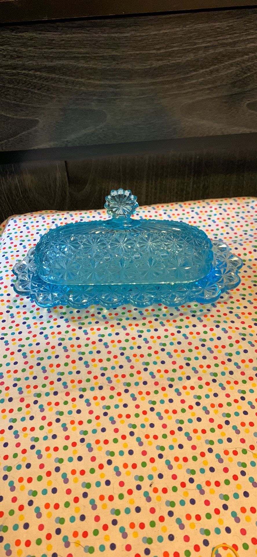 Vintage Daisy & Button Blue Glass Butter Dish